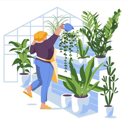 girl-takes-care-of-the-flowers-in-greenhouse-vector-45205681